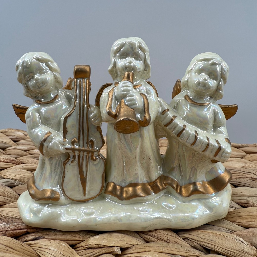Three Cherubic Angels Playing Musical Instruments Figurine Pearlescent Gold Trim